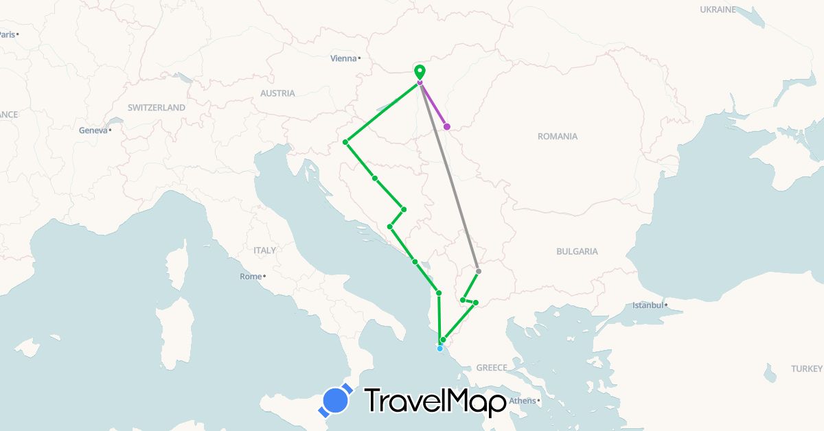 TravelMap itinerary: driving, bus, plane, train, boat in Albania, Bosnia and Herzegovina, Greece, Croatia, Hungary, Montenegro, Macedonia (Europe)